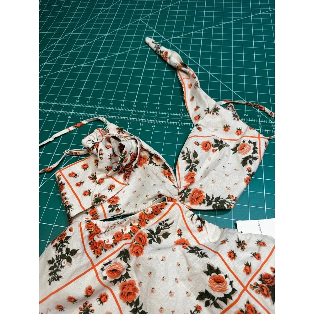 Abercrombie & Fitch Floral Halter Cutout Maxi Dress Orange White Linen Blend s